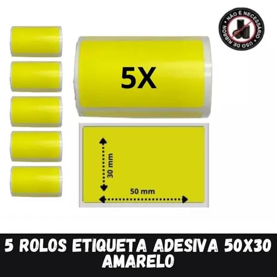 5 Rolo Etiqueta Adesiva Amarela P/ mini impressora bluetooth