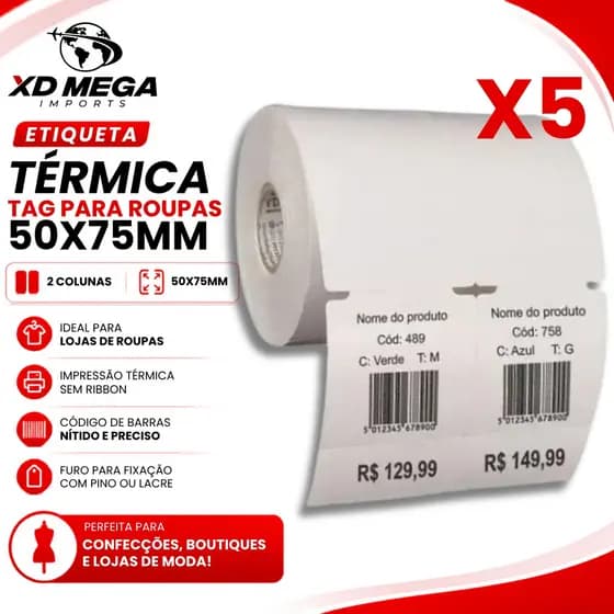 5 rolos Tag Para Roupa Térmica Não Usa Ribbon 50x75 - Duplo