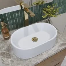 Cuba Pia de Apoio Branca Oval para Banheiro ou Lavabo Sobrepor em Mármore Sintético Resistente