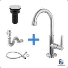 Kit Banheiro em ABS Cromado -Torneira Bica Baixa, Válvula Click, Engate Flexível e Sifão Cromado
