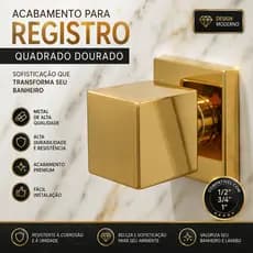 Acabamento Registro Dourado Quadrado Metal Luxo Premium 1/2 3/4 1 Pol Banheiro Alto Padrão