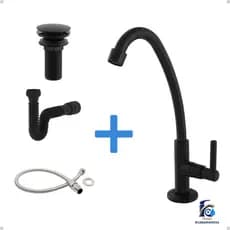 Kit Banheiro em ABS Black -Torneira Bica Alta, Válvula Click, Engate Flexível e Sifão Preto