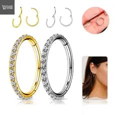 Piercing Titânio Argola Click Cravejada 6mm 8mm 10mm 12mm Prata Dourado Luxo