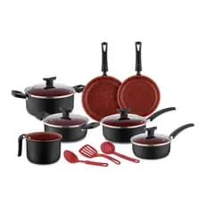 Conjunto Jogo De Panelas Antiaderente 10 Pç Preto c/ Vermelho Teflon Com Tampa de Vidro Reforçada