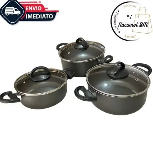 Jogo de Caçarolas Preto 3 Peças Antiaderente 18cm 20cm e 22cm + Tampa de Vidro Teflon Varias Cores