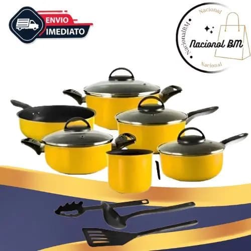 Conjunto Jogo de Panelas 09 Peças Amarelo Antiaderente com Utensílios de Cozinha Inmetro