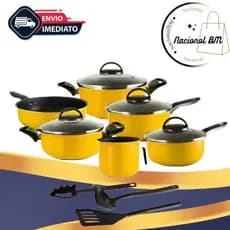 Conjunto Jogo de Panelas 09 Peças Amarelo Antiaderente com Utensílios de Cozinha Inmetro
