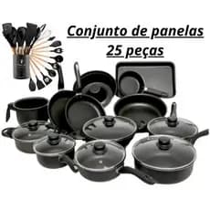 Conjunto Panelas 25 Peças PretoTeflon Antiaderente Tampa de Vidro Resistente Varias Cores