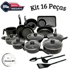 Conjunto de Panelas 16 Peças Preto Antiaderente com Teflon e Tampas de Vidro – Diversas Cores