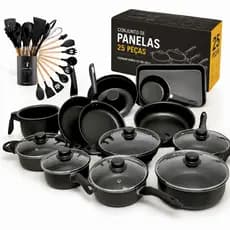 Kit Jogo Conjunto Panelas 25 Peças Preto Teflon Antiaderente Vidro Temperado Varias cores
