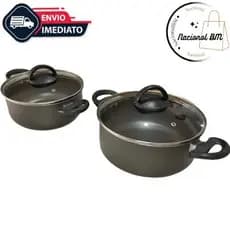 Jogo de Caçarolas Preto 2 Peças Antiaderente 20cm e 22cm + Tampa de Vidro Teflon Varias Cores