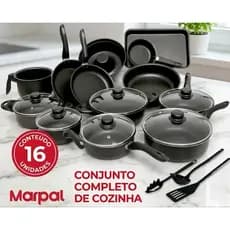 Conjunto Panelas 16 Peças Preto Teflon Antiaderente Tampa De Vidro Marpal