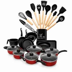 Conjunto Kit Panelas 25 Peças  Vermelha Antiaderente Teflon Tampa Vidro Temperado Diversas Cores