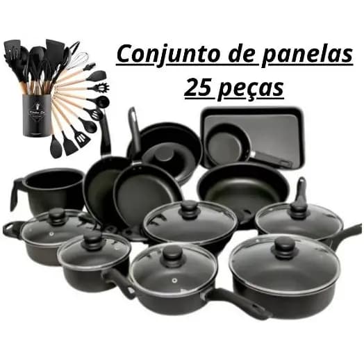 Conjunto Panelas 25 Peças Preto Teflon Antiaderente Tampa de Vidro Resistente Varias Cores