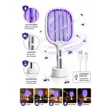 Raquete Elétrica Mata Mosquito USB Recarregável Luz UV Silenciosa Portátil com Base