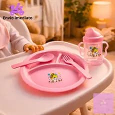 Kit Refeição Infantil C/ 4 peças Prato Divisórias Talheres Garfo Colher Copo de Transição