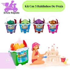 Kit Com 5 Baldinhos De Praia Modelo Castelinho Com Acessórios Para Menino E Menina