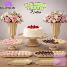 Kit Mesa de Festa Completo 9 Peças Boleira Suportes e Bandejas Decoração Modelo Pérola