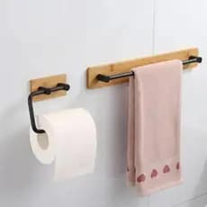 Kit Banheiro Bambu e Ferro Preto – Porta Toalha + Porta Papel Higiênico Clink - Sem furo