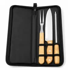 Kit Churrasco 3 Peças Aço Inox Cabo Madeira Com Estojo