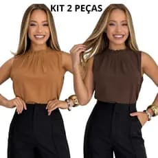 Kit 2 Blusas Femininas Regata Gola Alta Elegante Social Tecido Duna P M G GG