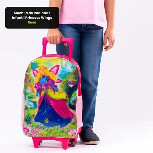 Mochila Escolar Infantil Rodinhas Asas Rosa Menina Princesa Rodinha Resistente