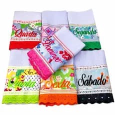 Kit Semaninha 7 Panos de Prato Bordados – 1 Para Cada Dia da Semana | 100% Algodão | Super Absorvente e Decorativo