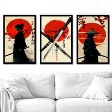 Quadros Decorativos Samurai Oriental Japonês Para Sala Quarto Escritório 3 Peças