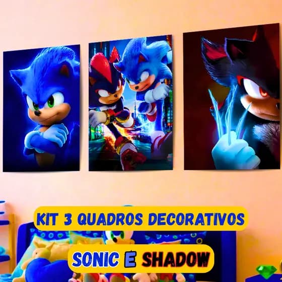 Quadro Decorativo Sonic e Shadow Filme Sonic 3 Quarto Infantil Kit Com 3 Peças