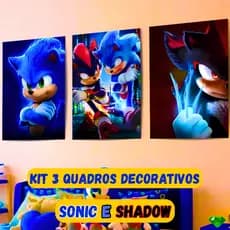 Quadro Decorativo Sonic e Shadow Filme Sonic 3 Quarto Infantil Kit Com 3 Peças