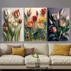 Quadros Decorativos Flor Branca Dourada Pintura Abstrata Moderna Decoração Sala Copa Área 3 Peças
