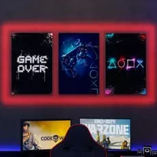 Kit 3 Quadros Decorativos Gamer Controle PS4 PlayStation 4 Game Over Nerd Moderno Quarto Gamer