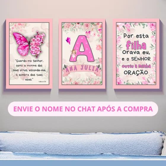 Quadros Decorativos Infantil Borboleta Rosa Personalizados com Nome – Kit 3 Peças