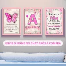 Quadros Decorativos Infantil Borboleta Rosa Personalizados com Nome – Kit 3 Peças