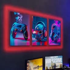 Kit 3 Quadros Decorativos Gamer Controle Headset e Capacete Robótico Nerd Moderno Quarto Gamer