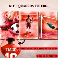 Quadro Futebol Infantil Personalizado com Nome Menino Negro Kit 3 Quadros Decoração Quarto de Menino