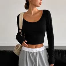Blusa Feminina Manga Longa Canelada Babby Tee Inverno Frio  Texturizada Basica Decote  Top da Moda