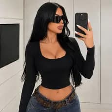 Blusa Manga Canelada Longa Feminina Babby Tee Inverno Frio  Texturizada Basica Decote Top da Moda Frio