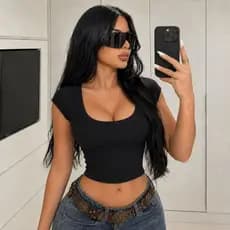 Blusinha feminina Estilosa Decote Look Casual Manga Curta Baby Tee Manga Curta Decote U  PATY BADIE- TOP 1