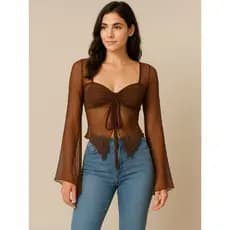 Blusa Manga longa Feminina Tule  Transparente Flare Preta