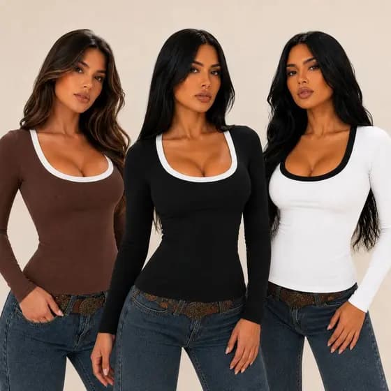 Kit Blusas Femininas Manga Longa Canelada Decote Redondo Inverno