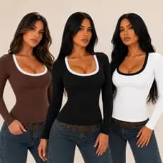 Kit Blusas Femininas Manga Longa Canelada Decote Redondo Inverno