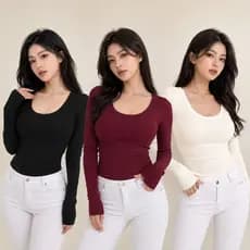 Kit Blusas  Manga Longa Femininas Canelada Decote Redondo Inverno