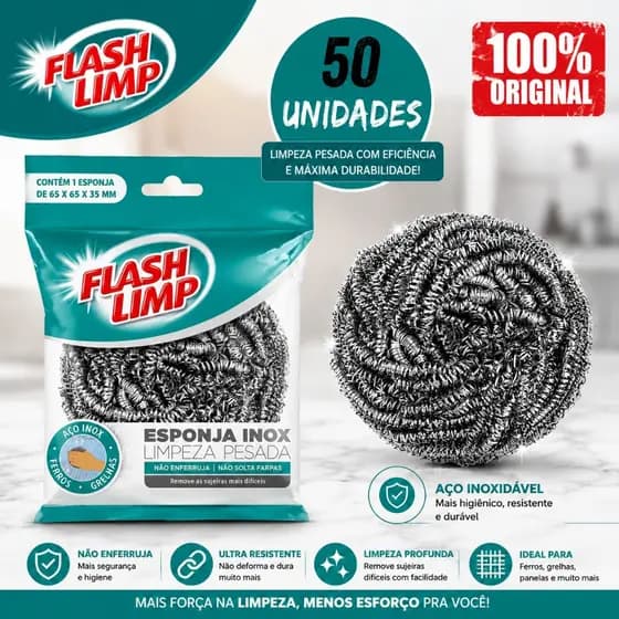 KIT COM 50 ESPONJAS LIMPEZA PESADA INOX FLASH LIMP