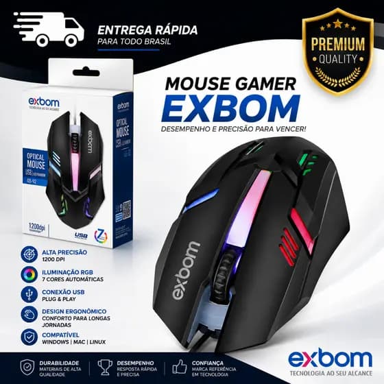 Mouse Gamer Led Rgb 7 Cores Com Fio Usb 1200dpi Ms-62 Exbom
