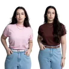 Kit 2 T-Shirt Feminina Gola Redonda Blusa Básica 100% Algodão Promoção