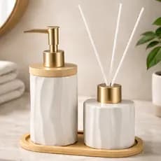 Kit Lavabo Banheiro Bambu Aromatizador Saboneteira Líquida 375