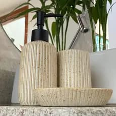 Kit Lavabo Banheiro Bege Saboneteira Líquida Porta Escova