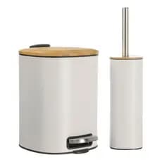 Conjunto Lixeira 5 Litros Bambu Pedal Escova Higiene Lavabo Soft Close Cor Branco