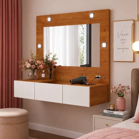 Penteadeira Sofia Camarim LED 3 Gavetas com Vidro Cores